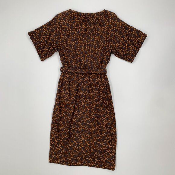 Vintage 50s Brown Printed Belted Sheath Wiggle Bombshell Dress S/M - Picture 9 of 12